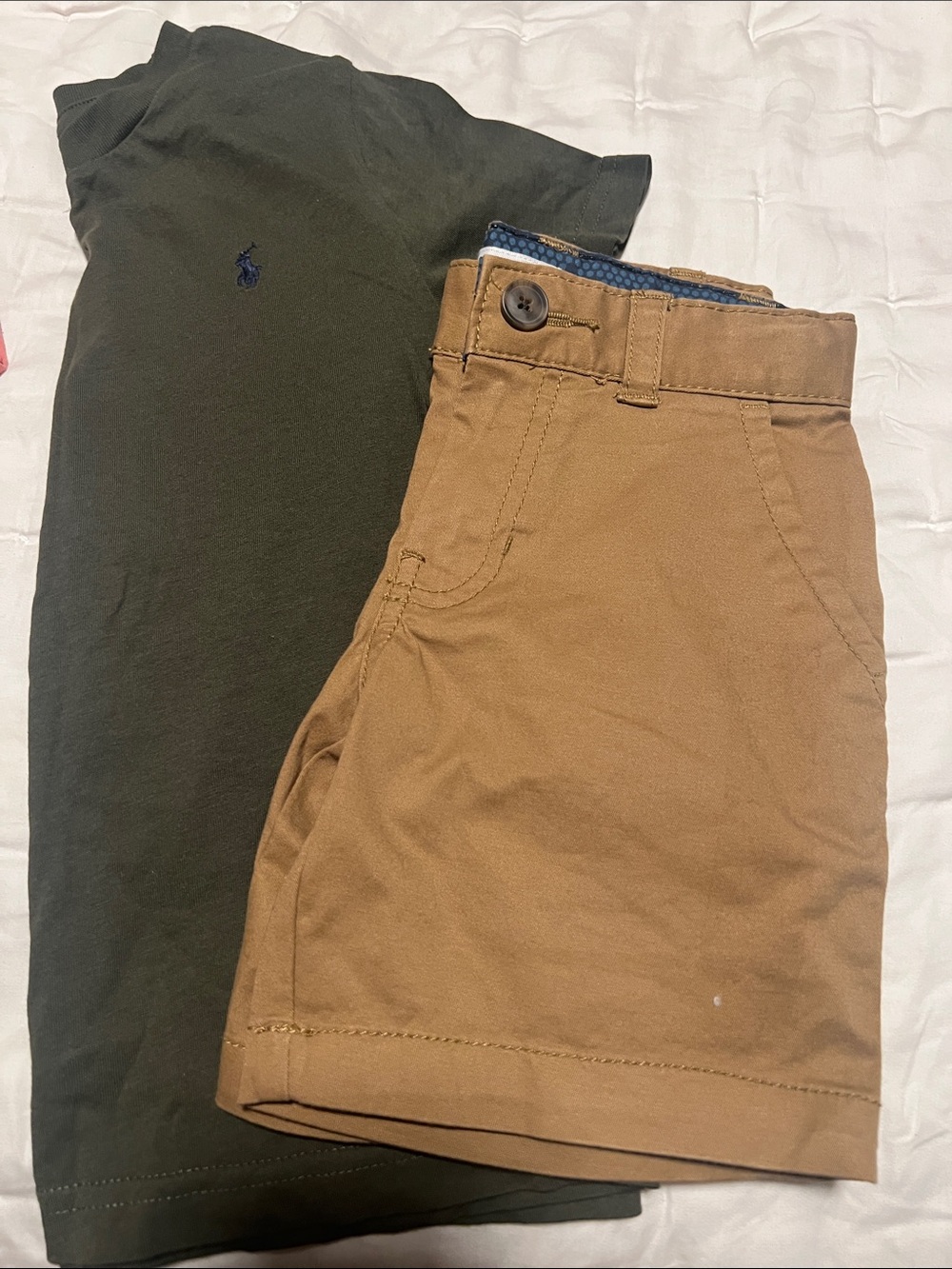 Polo by Ralph Lauren Olive Green Tee with Tan Flat-Front Shorts